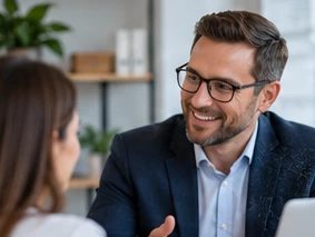 A professional in a suit explaining something to a client in an office